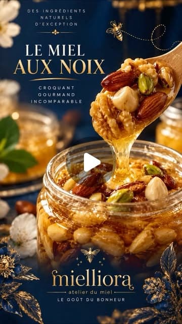 Instagram : l’affiche « Le miel aux noix », une cuillère de fruits à coque enrobés de miel au-dessus d’un pot