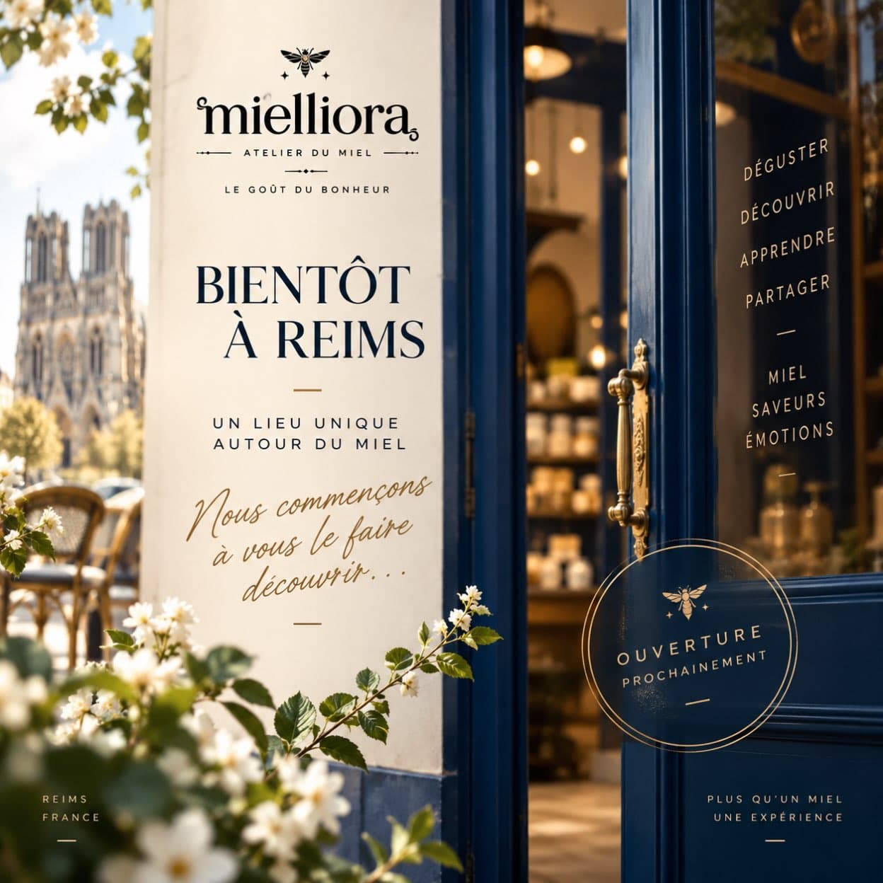 Instagram : l’affiche « Bientôt à Reims », porte bleu nuit et lettrage doré