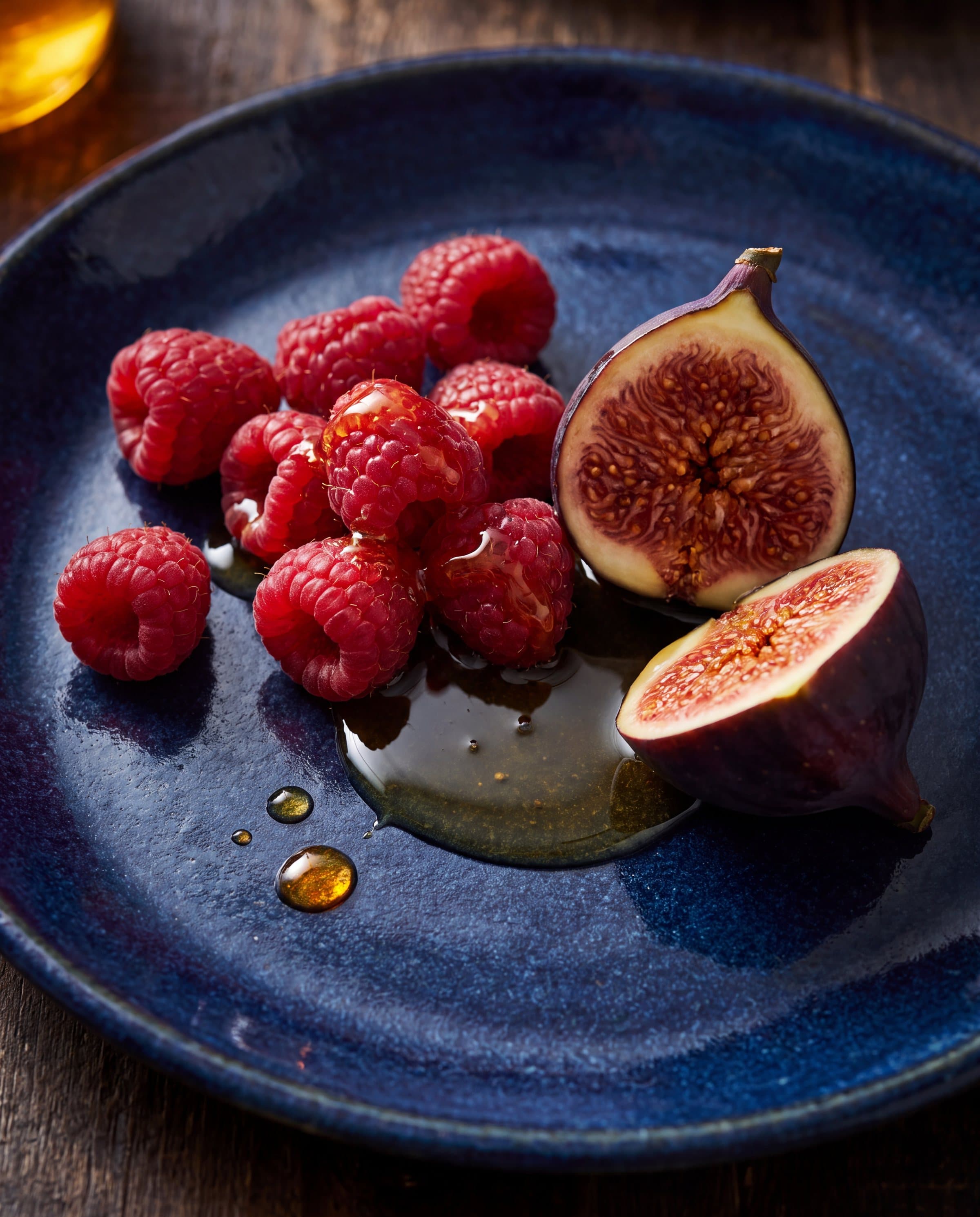 Framboises et figues ouvertes sur une assiette bleu nuit, nappées de miel